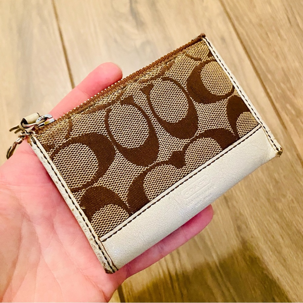 Vintage Coach Brown Canvas Signature Mini Skinny w/ Key Ring Wallet